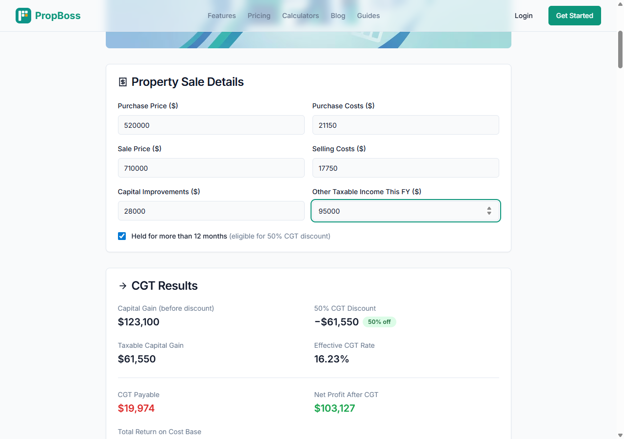 PropBoss Capital Gains Tax Calculator showing $19,974 CGT payable on a $520,000 Brisbane investment property sold for $710,000