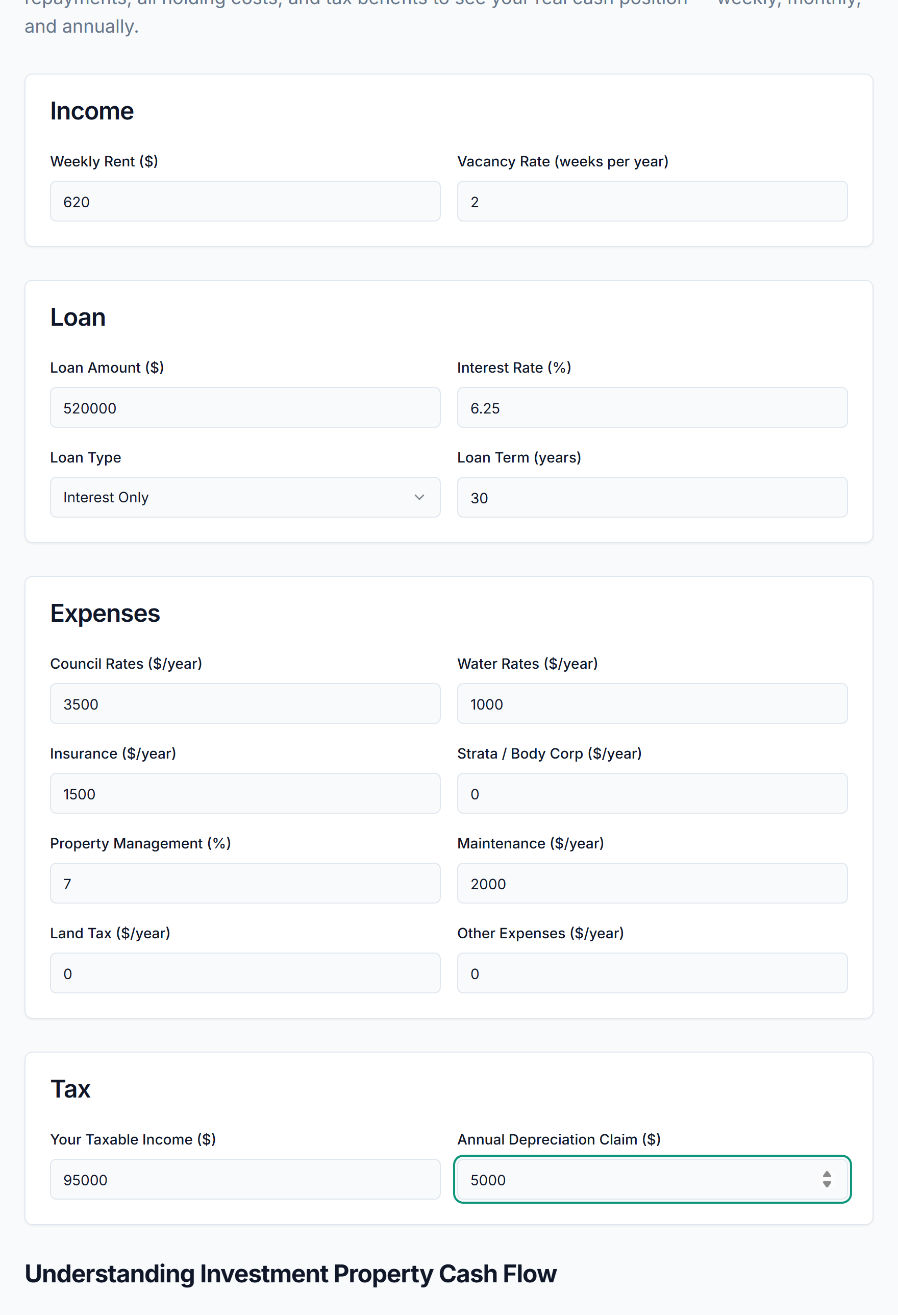 PropBoss cash flow calculator screenshot for the worked example