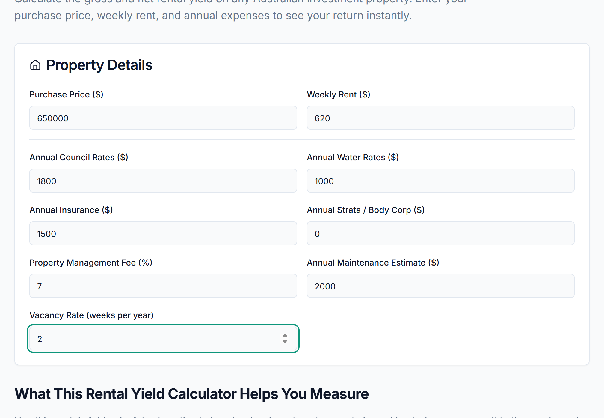 PropBoss rental yield calculator screenshot for the worked example