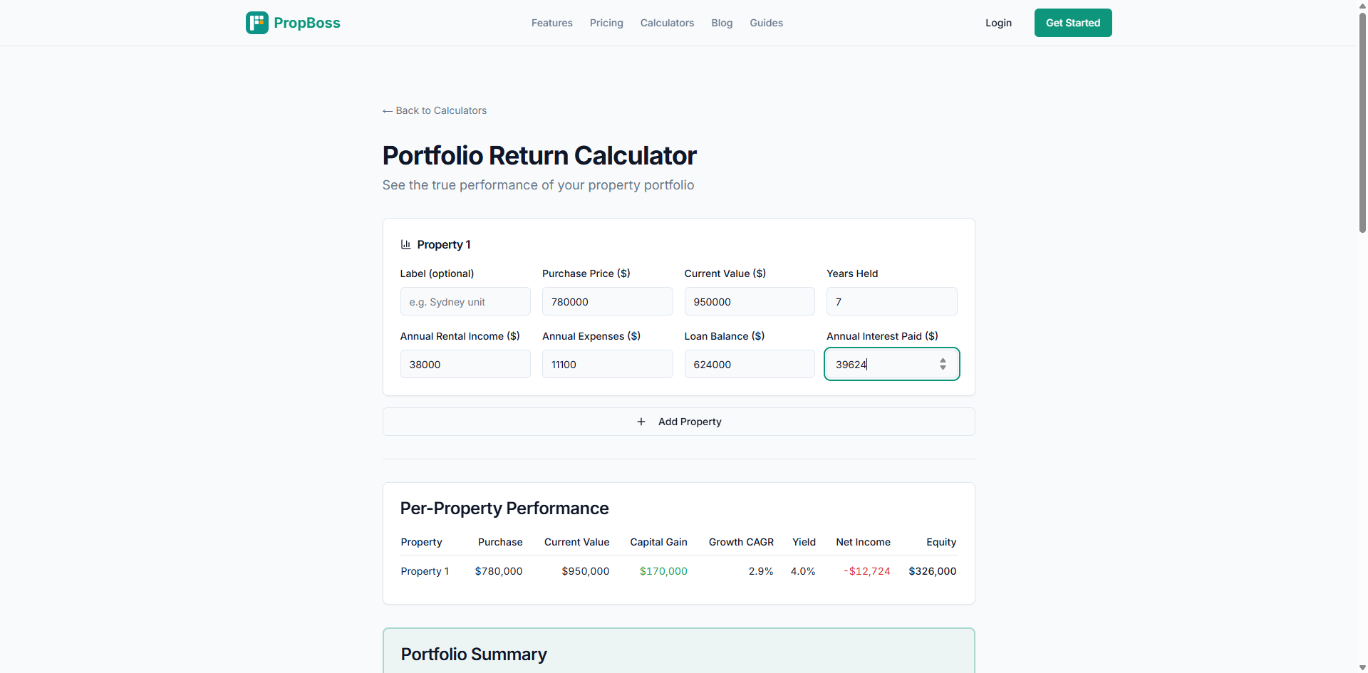 PropBoss portfolio return calculator showing -$12,724 net annual income for a Brisbane investment property with $780,000 purchase price and $624,000 loan balance