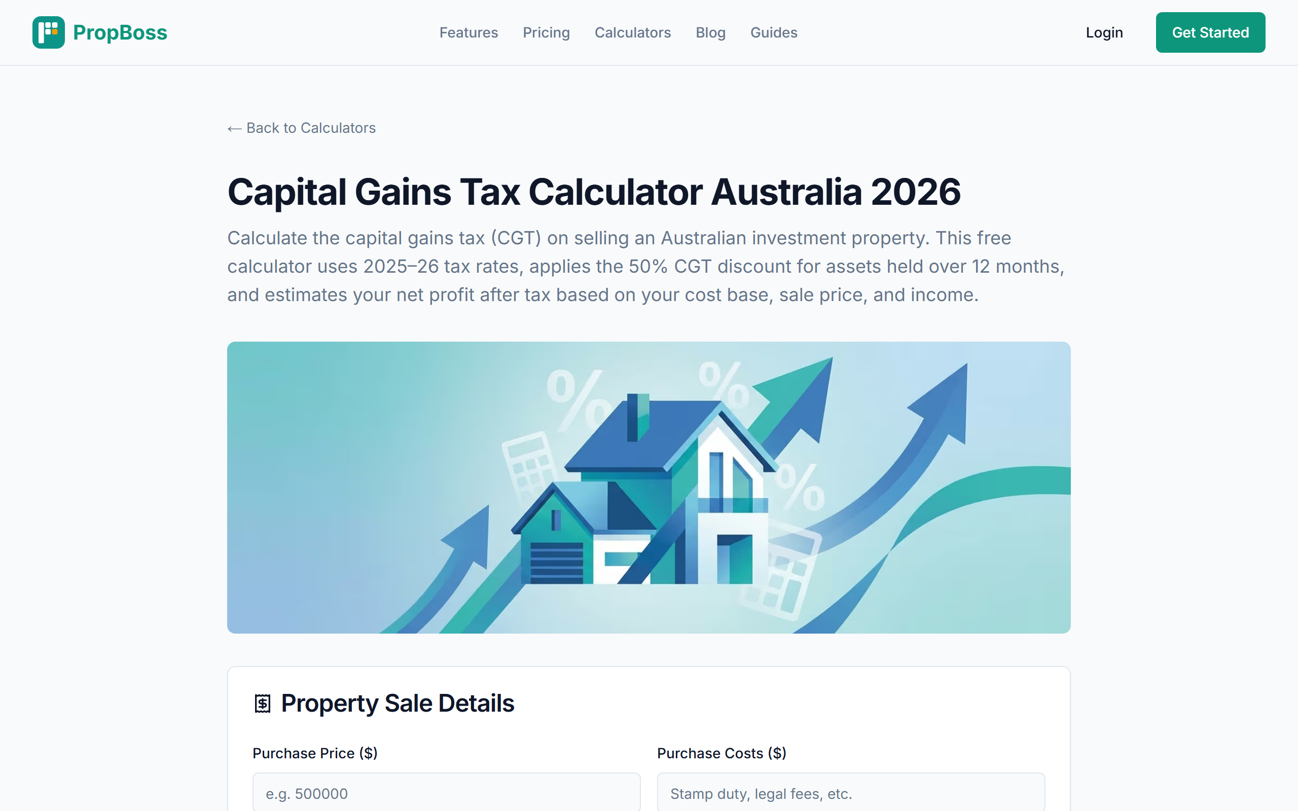 PropBoss capital gains tax calculator showing main residence exemption for Australian PPOR