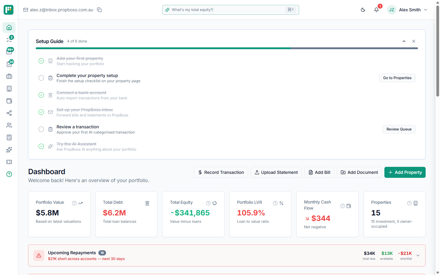 PropBoss dashboard showing PPOR tag on property with capital gains tax projection for Australian investors