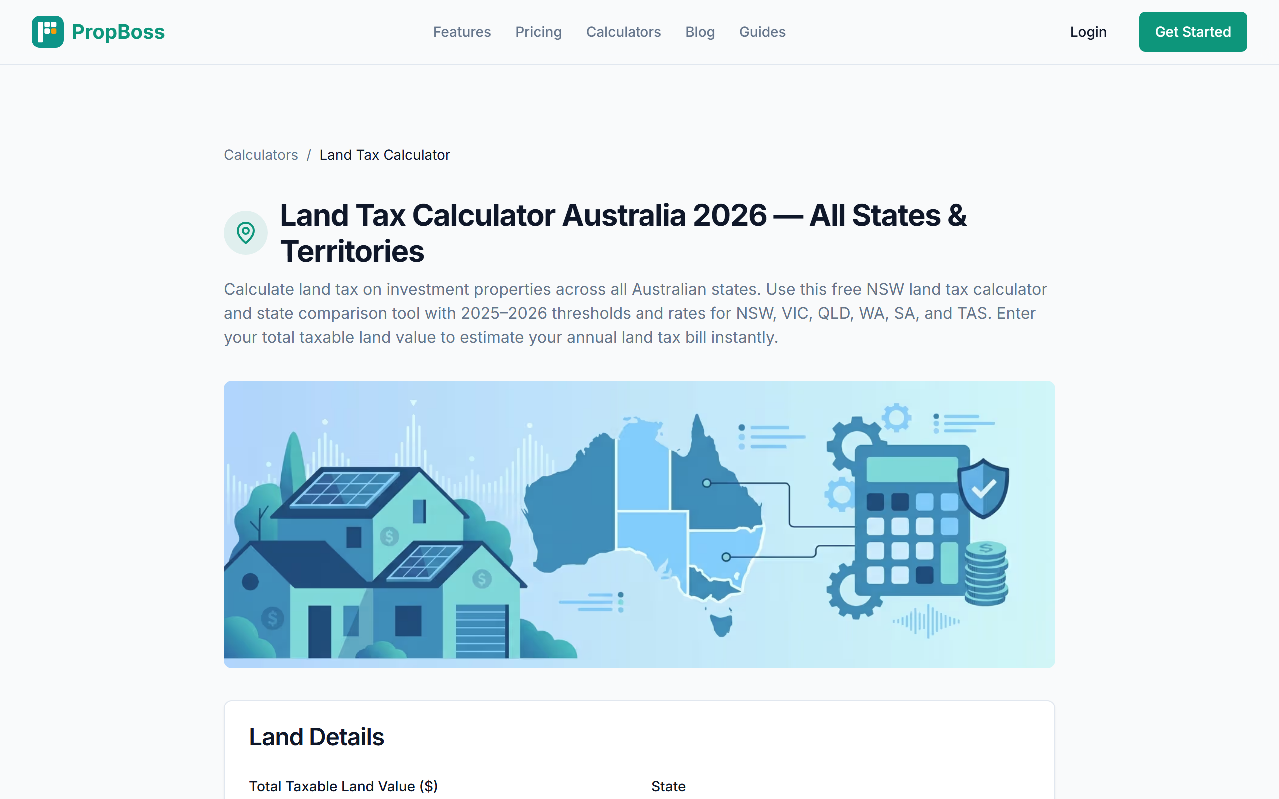 PropBoss land tax calculator showing principal place of residence exemption for Australian property investors