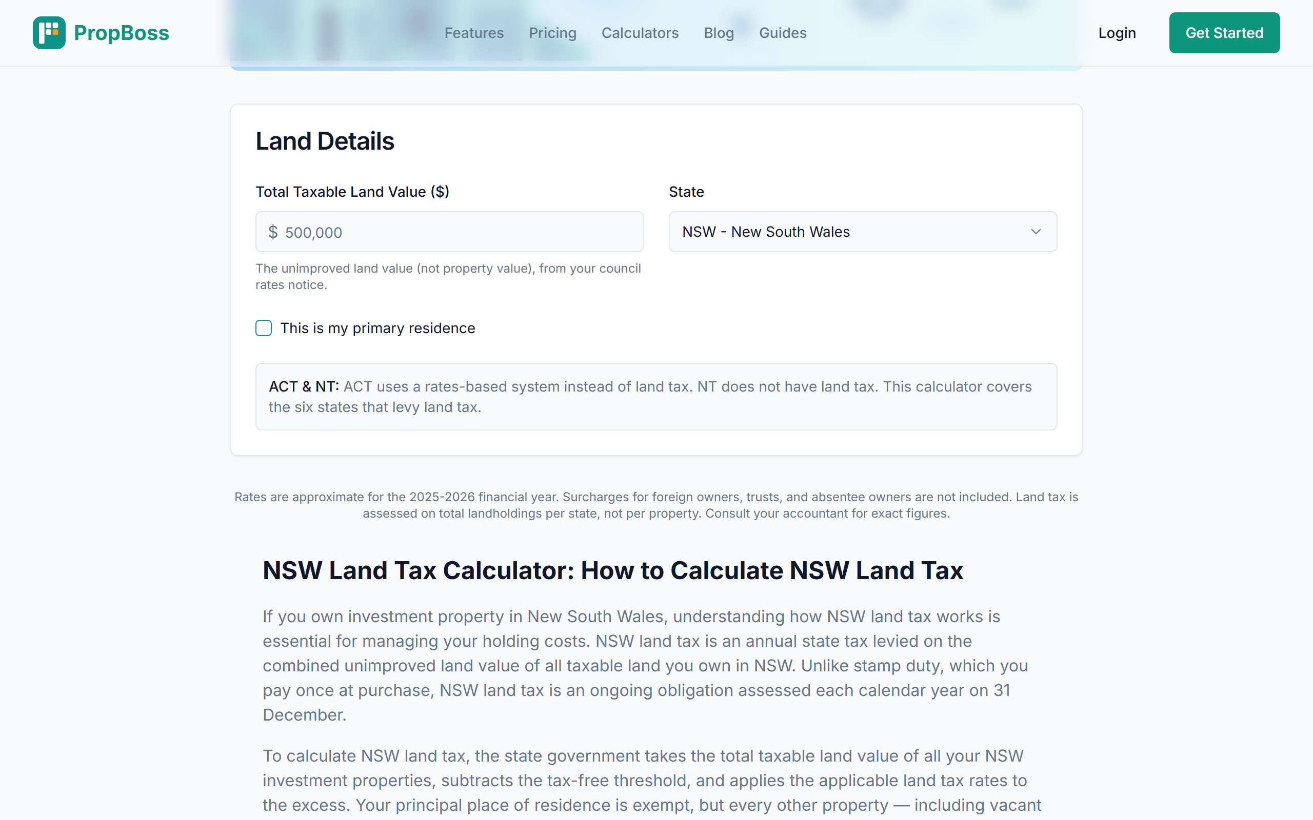 PropBoss tax dashboard tracking QLD land tax as a deductible rental expense