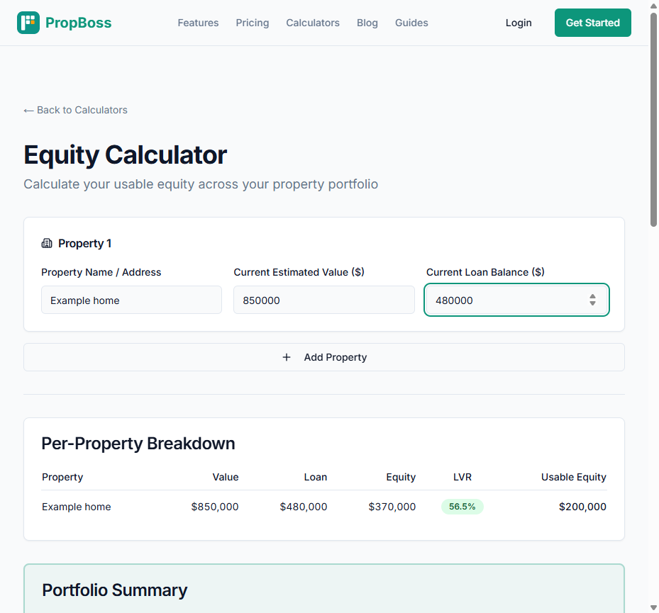 PropBoss Equity Calculator showing $200,000 usable equity for an $850,000 property with $480,000 loan at 56.5% LVR